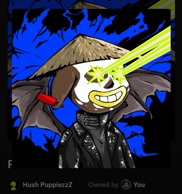 NFT artwork titled 'Hush PuppiezzZ' showing a stylized character with straw hat, green laser eyes, bat wings, and spiked leather jacket against a blue background.