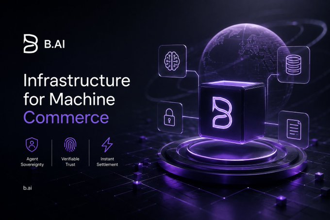 An advertisement for B.AI, describing it as 'Infrastructure for Machine Commerce' with features Agent Sovereignty, Verifiable Trust, and Instant Settlement, featuring a purple 3D cube logo.