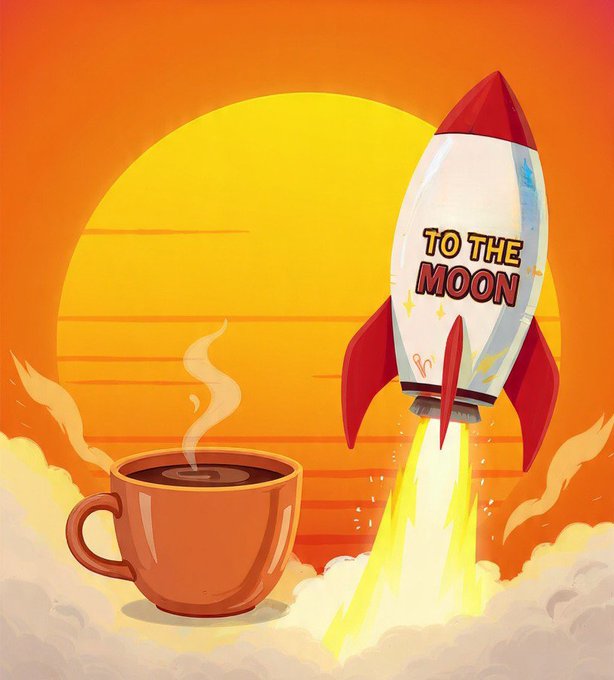 An illustration of a rocket labeled 'TO THE MOON' launching with a cup of steaming coffee in the foreground against a sunset background.