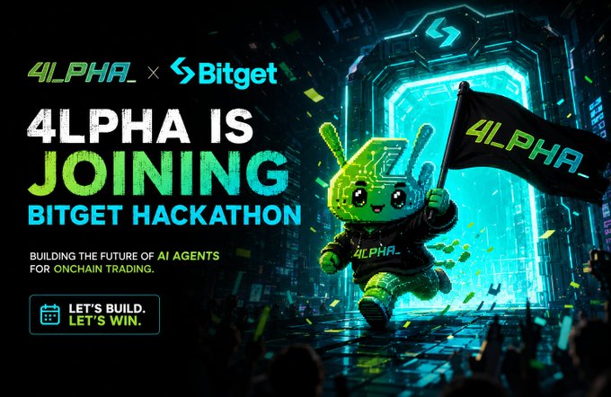The image features a cartoon character dressed as a robot holding a flag while running through an alleyway. The background of the image is black, making the robot stand out prominently. The caption below the image reads "4lpha AI is joining the BitgetHackathon with @Bitget_AI Our mission is simple: build AI trading agents that can analyze markets, manage risk, simulate strategies, and execute with transparency." This text connects the cartoon character to the Bitget Hackathon event, emphasizing their collaboration.