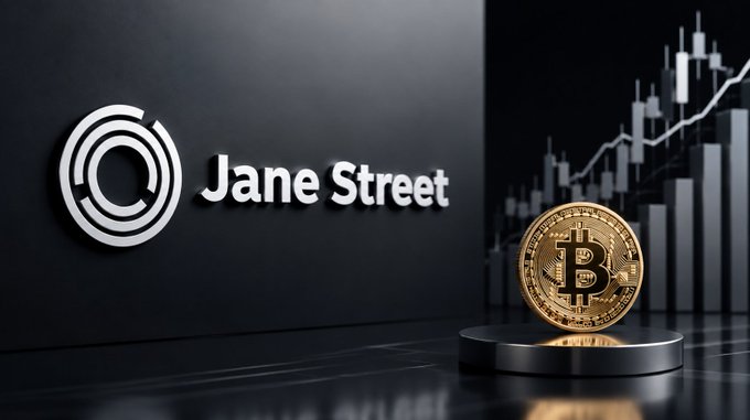 A graphic showing the Jane Street logo alongside a physical Bitcoin token on a pedestal, with a candlestick chart and rising line graph in the background.