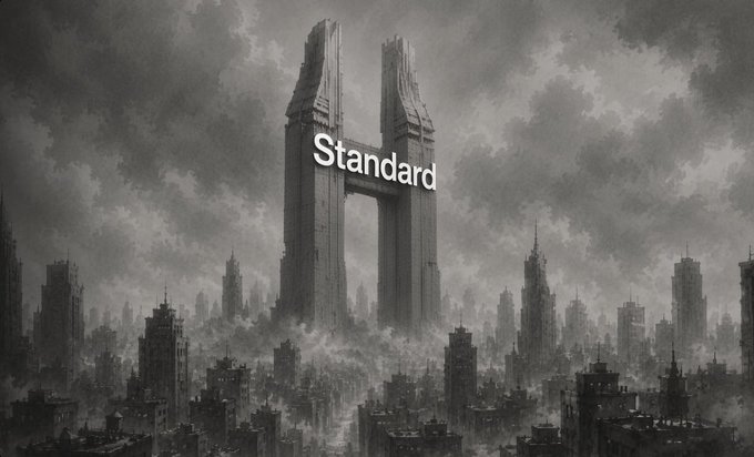 A dark, dystopian cityscape under stormy clouds featuring a massive tower forming the letter 'H' with the word 'Standard' overlaid, evoking a Blade Runner-style aesthetic.