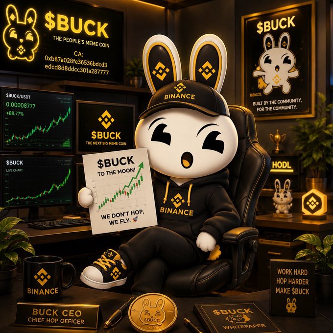 A promotional graphic for the '$BUCK' meme coin featuring a cartoon bunny character wearing a Binance hat and hoodie, sitting in a chair surrounded by screens showing price charts, with text including '$BUCK THE PEOPLE'S MEME COIN', 'TO THE MOON!', 'WE DON'T HOP, WE FLY.', and 'BUCK CEO CHIEF HOP OFFICER'.