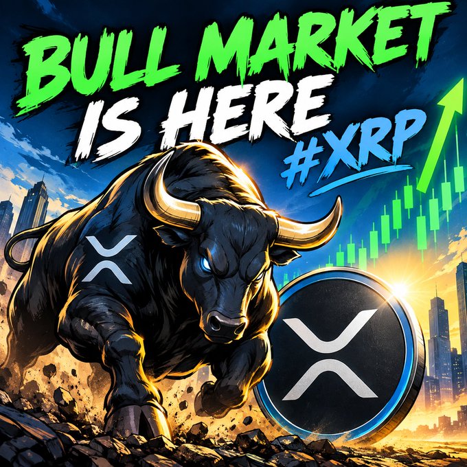 A bold promotional graphic featuring a charging black bull with the XRP logo, declaring 'BULL MARKET IS HERE' alongside '#XRP' and a green upward chart arrow.