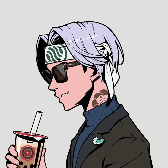 An anime-style illustration of a white-haired character wearing sunglasses, a patterned headband, and a dark jacket, drinking bubble tea.