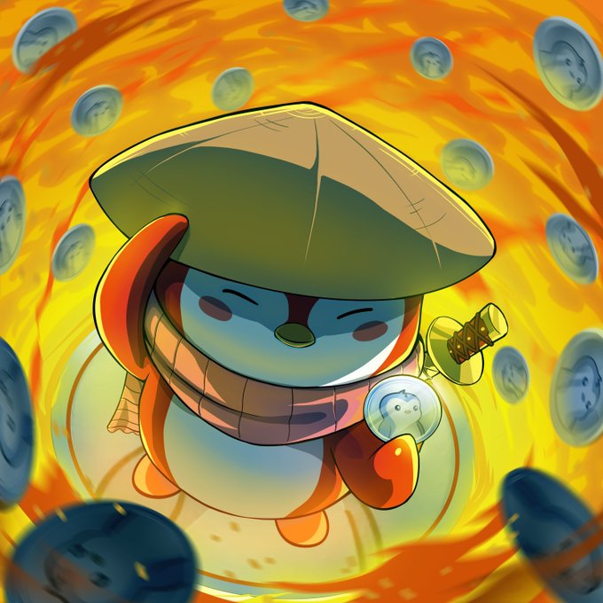 A cartoon-style character wearing a green conical hat and scarf floats in a swirling orange and yellow vortex, holding a small glowing orb containing a tiny creature, while blue coin-like objects float around it.