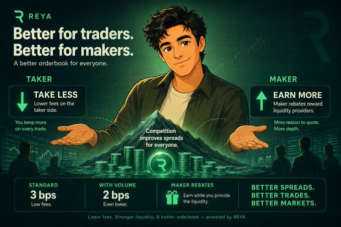 A promotional advertisement for 'REYA' cryptocurrency exchange featuring a young man, with text highlighting 'Better for traders. Better for makers.' and benefits including 'TAKE LESS' (lower fees) and 'EARN MORE' (maker rebates), showing standard fees at 3 bps and volume fees at 2 bps.