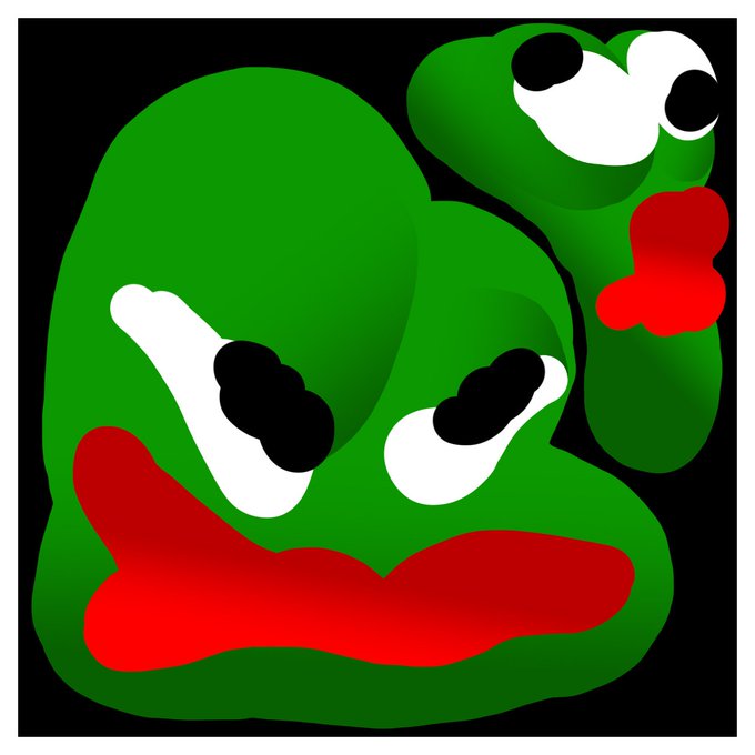 A cartoonish green character with a large head, angry eyes, and red mouth glares menacingly at a smaller green frog-like creature with bulging eyes in the upper right corner.