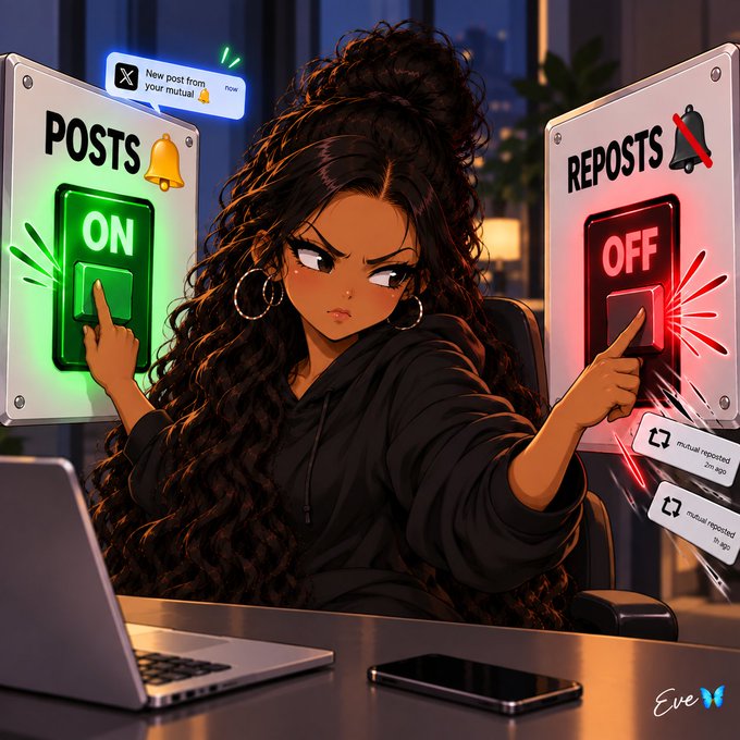 An anime-style illustration of a woman at a laptop simultaneously pressing a glowing green 'POSTS ON' switch with her left hand and a glowing red 'REPOSTS OFF' switch with her right, surrounded by notification pop-ups.