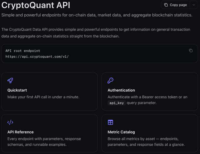 The image displays the CryptoQuant API documentation landing page, featuring the title "CryptoQuant API" with the tagline "Simple and powerful endpoints for on-chain data, market data, and aggregate blockchain statistics," along with the API root endpoint (https://api.cryptoquant.com/v1/) and four navigation cards for Quickstart, Authentication, API Reference, and Metric Catalog. This documentation page relates to the announcement by showcasing the official API interface where users can access the upgraded service with increased rate limits and enhanced data granularity (hourly for Advanced, minute-level for Pro) mentioned in the post.