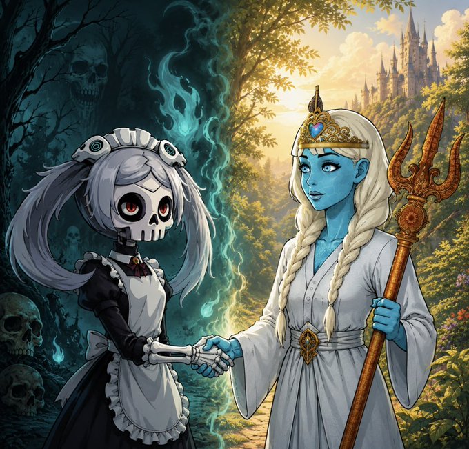 The image features two cartoon girls dressed in costumes, one wearing a maid's outfit with an apron and the other wearing a princess dress. They are shaking hands over a tree branch, symbolizing a bond between them. The background of the image is dark and filled with trees, giving it a spooky atmosphere. The caption to the image reads: "I have tons of NFTs.. But these are doing very well in my wallet during the bear market @DedGorgez @Solgodsnfts Are your NFTs going up or down?".