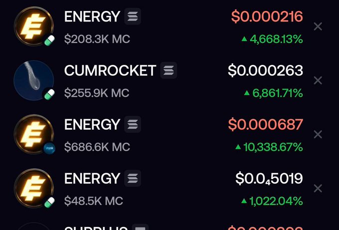 A crypto-token list shows entries including “ENERGY” and “CUMROCKET,” with prices such as $0.000216, $0.000263, and market caps and green percentage gains.