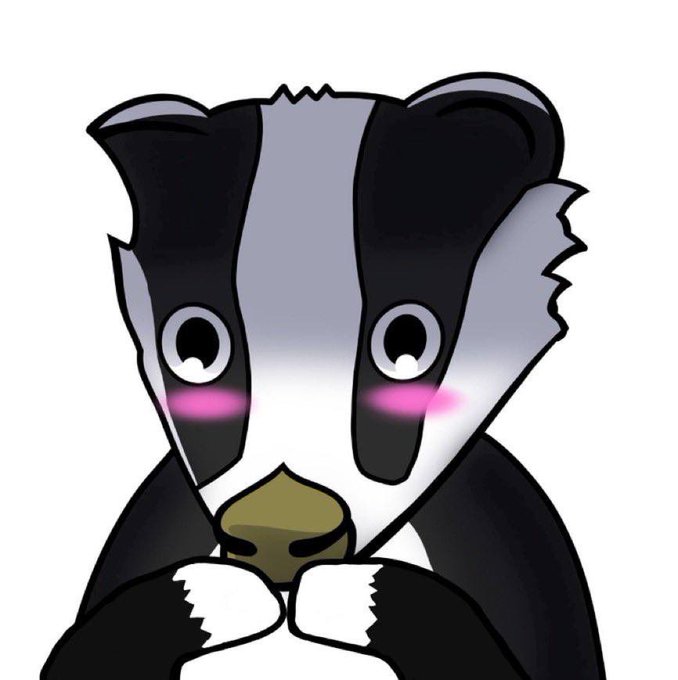 A cute cartoon illustration of a black and white striped badger with pink blushing cheeks, holding its paws together in a shy or bashful pose.