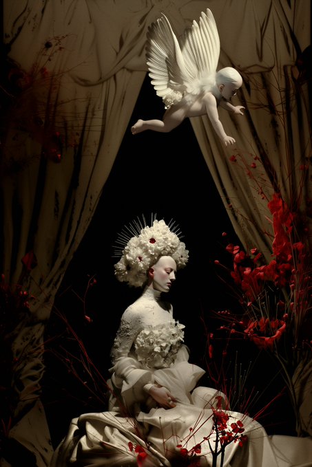 A surreal digital artwork showing a pale figure in white with flowers in their hair seated beneath curtains, with a winged cherub-like figure flying above, surrounded by red flowers.