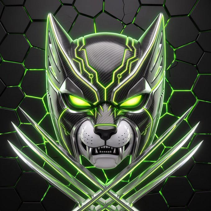 A digital illustration of a snarling wolf-like cyborg with glowing green eyes, carbon fiber armor plating, and crossed metallic claws against a dark hexagonal background.
