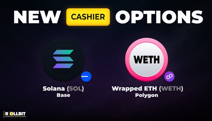 A promotional graphic from Rollbit announcing 'NEW CASHIER OPTIONS' for Solana (SOL) on Base and Wrapped ETH (WETH) on Polygon.