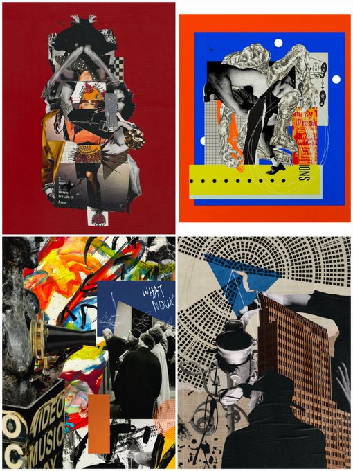 A collage of four vibrant mixed-media artworks featuring abstract and figurative elements with visible text including "TO ME," "NOON," "WHAT NOW!," and "VIDEO MUSIC," corresponding to the "Vertigo" collection pieces being highlighted—likely "Warrior of the Torn Years," "Blue Holds the Fall," "Resonance," and "Apex"—on a Tezos Tuesday update.