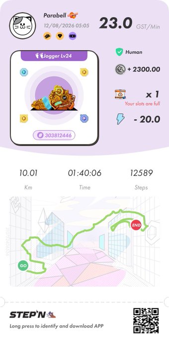 A screenshot of the STEPN app showing a 'Parabell' jogging NFT stats, including GST/Min earnings, fitness data (10.01 Km, 1:40:06 Time, 12589 Steps), and a running route map.