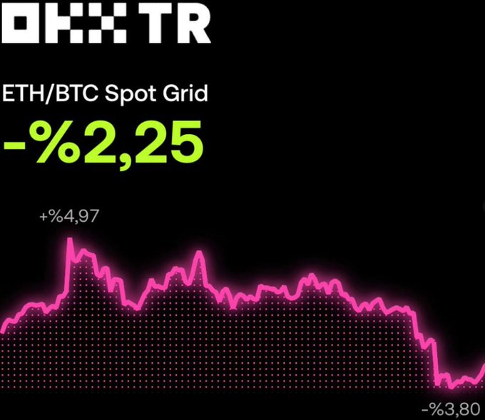 A graphic from OKX TR displays the "ETH/BTC Spot Grid" bot performance at -2.25%, accompanied by a pink line chart with a peak of +4.97% and a low of -3.30%. The image visually supports the post's message about patiently observing the grid bot's 30-day performance despite its current negative return.