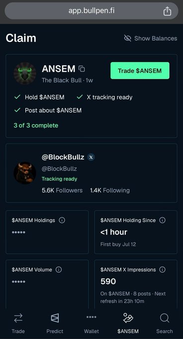 A mobile screenshot of the app.bulpen.fi website showing a Claim page for $ANSEM by @BlockBullz, indicating tasks to hold, post, and track, with 3 of 3 complete.