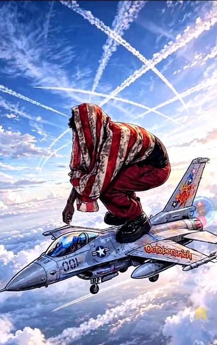 A stylized artwork by 'Octobersnigh' depicting a person in an American flag-patterned hood crouching on top of a fighter jet flying through cloudy skies with vapor trails.