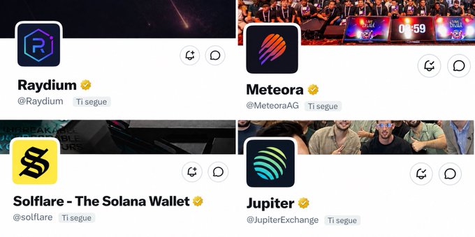 Collection of four verified crypto Twitter/X profile cards for Raydium (@Raydium), Meteora (@MeteoraAG), Solflare – The Solana Wallet (@solflare), and Jupiter (@JupiterExchange).