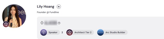 A profile card for Lily Hoang, Founder @ Fundline, showing badges including Speaker (2), Architect Tier 2, and Arc Studio Builder.