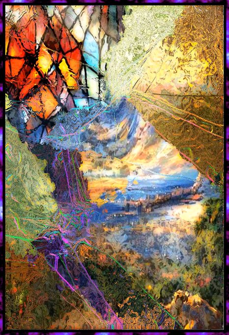 A vibrant, abstract digital artwork featuring fractured, stained-glass-like patterns in fiery oranges, deep purples, and golden yellows, with a central reflective form that appears to dissolve into a landscape, visually echoing the description of an image that "fragments, disperses and thickens."