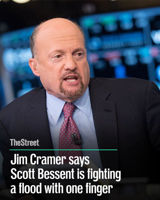 Jim Cramer appears on a financial news set, with text overlay reading "TheStreet: Jim Cramer says Scott Bessent is fighting a flood with one finger." The image accompanies commentary on a trade where Cramer indicates only one portion of the position appears favorable, consistent with his critique of Bessent's efforts.