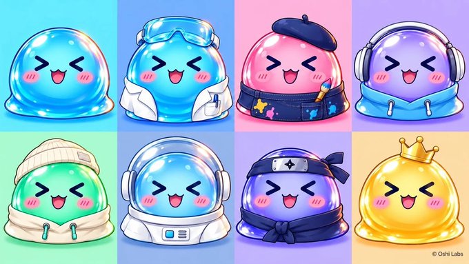 Eight adorable chibi-style blob characters with closed, smiling faces are arranged in a 2x4 grid, each dressed in different outfits and accessories like goggles, a beret, headphones, a hoodie, an astronaut suit, a ninja headband, and a crown, copyrighted by Ochi Labs.
