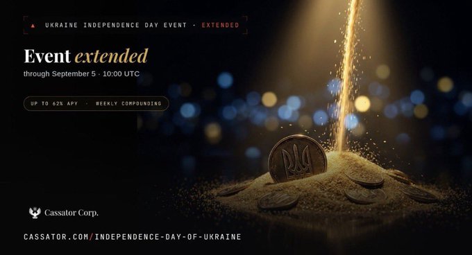 This image is a promotional graphic for Cassator Corp.'s Ukraine Independence Day staking event, prominently displaying "Event extended through September 5 · 10:00 UTC" and "UP TO 62% APY · WEEKLY COMPOUNDING" alongside an artistic rendering of golden sand, Ukrainian-themed coins featuring the tryzub symbol, and the campaign URL "cassator.com/independence-day-of-ukraine." The visual's gold coins and sparkles symbolize the staking rewards, while the Ukrainian national emblem ties the campaign directly to the Independence Day theme referenced in the post.