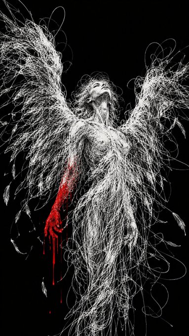 A stark black and white illustration of an angelic figure with chaotic, scribbled wire-like wings and body, featuring a single arm stained with dripping red blood against a black background.