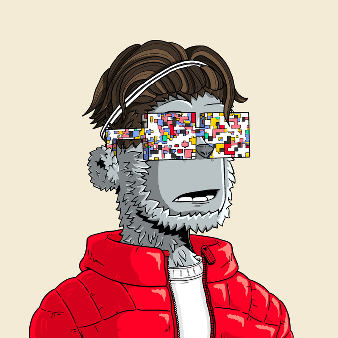 A cartoon-style portrait of a furry anthropomorphic character wearing pixelated/blocky sunglasses, a white headband, and a red puffer jacket.