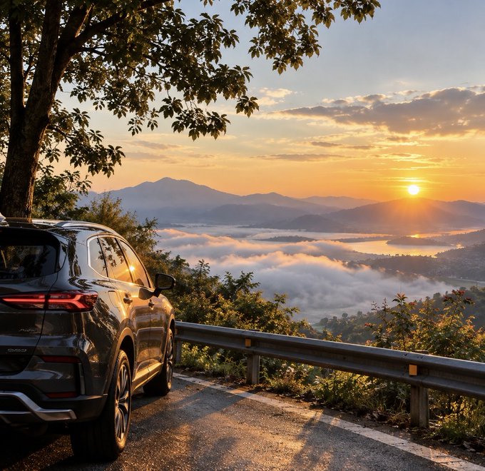 A dark SUV parked at a scenic overlook with a guardrail, overlooking mountains, a valley filled with low-lying clouds, and a bright sunrise or sunset.