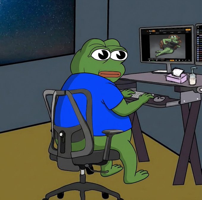 A green Pepe the Frog cartoon character sits at a desk working on a computer, where an image of a female Pepe is visible on the monitor—fitting for a "good morning" greeting that humorously suggests someone is online early browsing memes.
