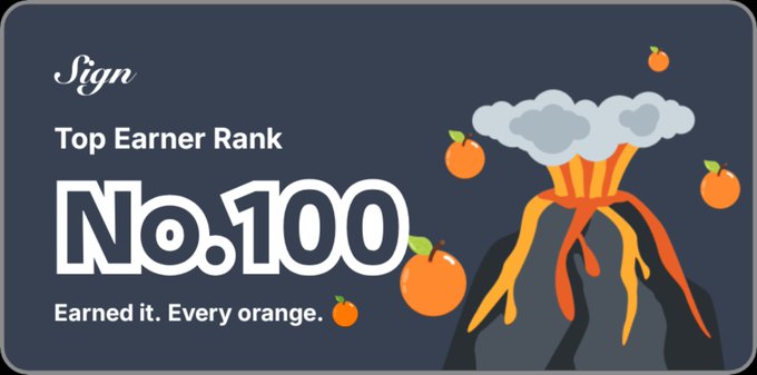 A dark blue graphic announces "Sign Top Earner Rank No.100 Earned it. Every orange." alongside a cartoon illustration of an erupting volcano with orange fruits flying around it.