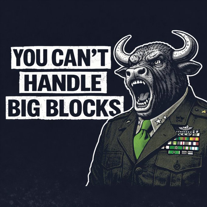 The image features a cartoon bull with horns, dressed as a military officer wearing a green tie and a green jacket. The bull has its mouth open wide, creating an impression of anger or frustration. Below the bull's head, there is text that reads "You can't handle big blocks". This phrase emphasizes the idea that sometimes, even small obstacles or challenges cannot be overcome due to their size or impact on our goals and plans.