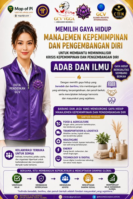 A promotional poster in Indonesian featuring 'DUTA PENDIDIKAN GCV' wearing a purple vest, promoting leadership management and self-development through 'ADAB DAN ILMU' across sectors including Food & Agriculture, Transportation & Logistics, Healthcare, Energy, and Technology & Digital.