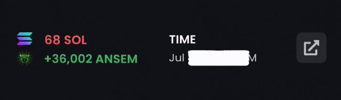 The image shows a crypto wallet or portfolio snapshot displaying holdings of 68 SOL and +36,002 ANSEM tokens, with the date partially redacted as "Jul" before being covered by a white box. It relates to the post by showcasing the user’s ANSEM token purchase, supporting their claim of spending $5k on the meme coin in an effort to push it to a billion-dollar market cap.