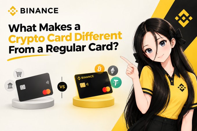 A Binance promotional graphic with the headline 'What Makes a Crypto Card Different From a Regular Card?' featuring an anime-style girl pointing at two credit cards (a standard card vs. a Binance card with crypto coin icons).