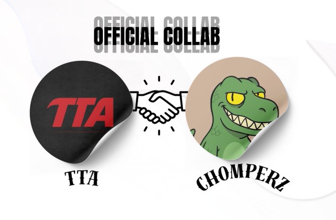 The image showcases an "OFFICIAL COLLAB" graphic featuring two circular logos shaking hands: a black circle with red "TTA" text on the left, and a green cartoon dinosaur (Chomperz) on a beige background on the right. The handshake illustration visually represents the strategic partnership between TTA and Chomperz NFT mentioned in the announcement of their Web3 collaboration.