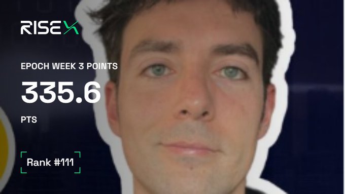 A screenshot showing 'RISEX' branding with statistics reading 'EPOCH WEEK 3 POINTS 335.6 PTS' and 'Rank #111' next to a man's face.