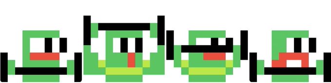 Four pixel-art characters with green helmets, red mouths, and yellow accents are lined up in a row.