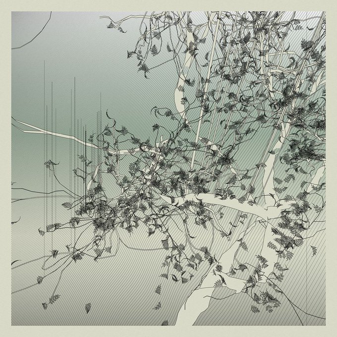 A detailed pencil or ink illustration depicts tangled vines, leaves, and branches with fine crosshatching, with a faint profile of a face visible in the upper right.