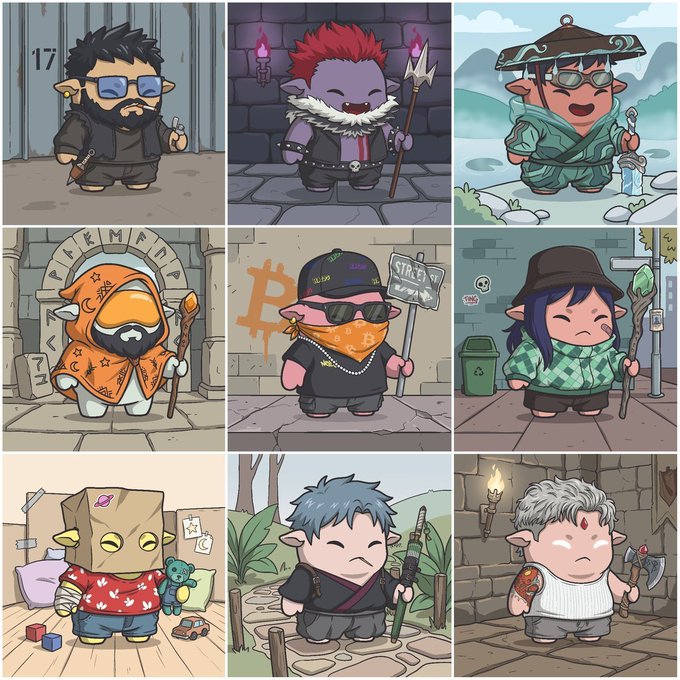 A 3x3 grid of chibi-style cartoon characters with pointed ears in various costumes including a biker with glasses, a red-haired imp with a trident, a tea-drinking sage, an orange-hooded figure in a bathroom, a Bitcoin-themed character with a bandana, a green-checkered hiker, a paper-bag-headed figure with toys, a blue-haired swordsman, and a white-haired axeman.