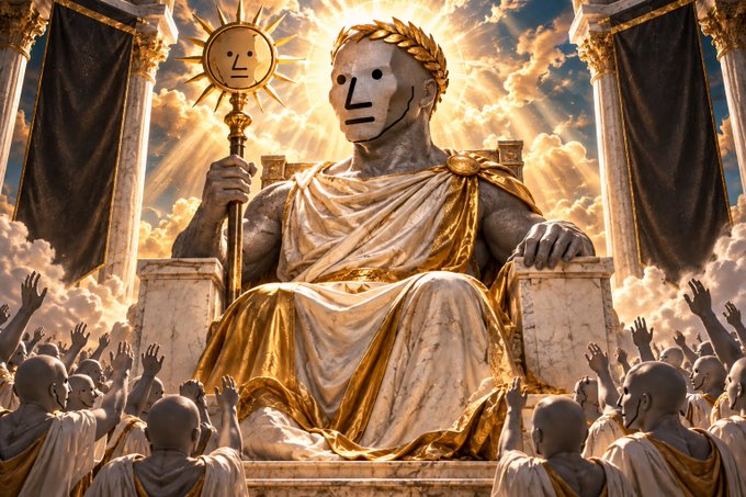 A massive stone statue of a deity wearing a golden laurel wreath sits enthroned among the clouds, holding a sun scepter while robed figures raise their arms in worship below.