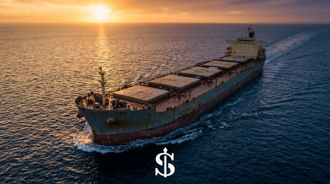 A cargo ship sailing on the ocean at sunset, with the Arkham logo ("AR") overlaid at the bottom of the image.