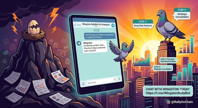 A promotional graphic for the 'Wingston RallyBot' Telegram service, illustrating a three-step process with a pigeon, a phone chat interface, and city bar charts.