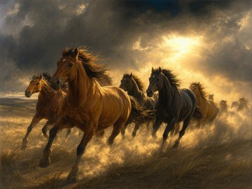 The image features a group of horses running across a field under a cloudy sky. The horses are depicted in various shades of brown and black, creating a sense of depth and movement within the scene. The post about the Cosmos 3 models emphasizes the importance of motion and realism in digital art, which can be seen reflected in this painting. The image captures the essence of a dynamic horse race or galloping through a field under an overcast sky, showcasing the artist's skill in portraying the physicality of these majestic creatures.