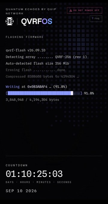 A dark screen from QUIP NETWORK displays 'QVRFOS' firmware flashing progress at 91.8%, with a countdown timer showing 01:10:25:03 until Sep 10 2026.